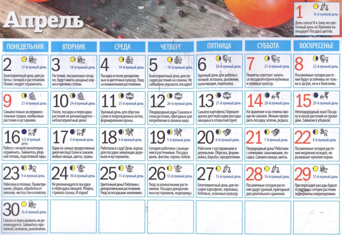Місячний посівний календар на 2020 року садівника і городника - таблиця